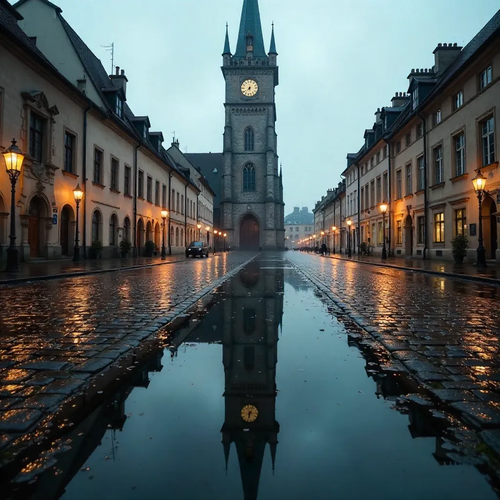 Rain-Puddle Reflection of a Historic Clock Tower