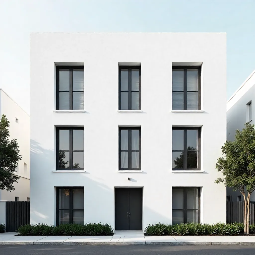 Minimalist White Apartment Facade with Symmetrical Windows