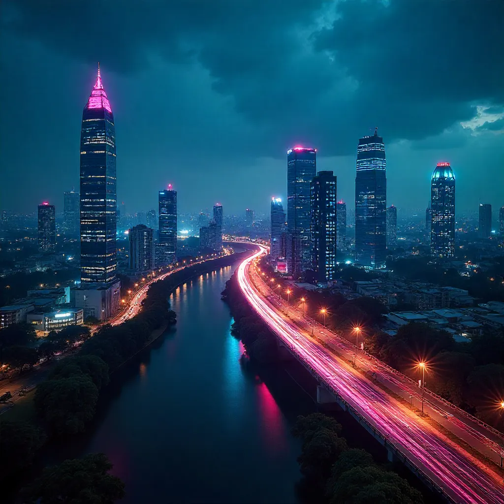 Jakarta Night Skyline: Neon Light Streaks