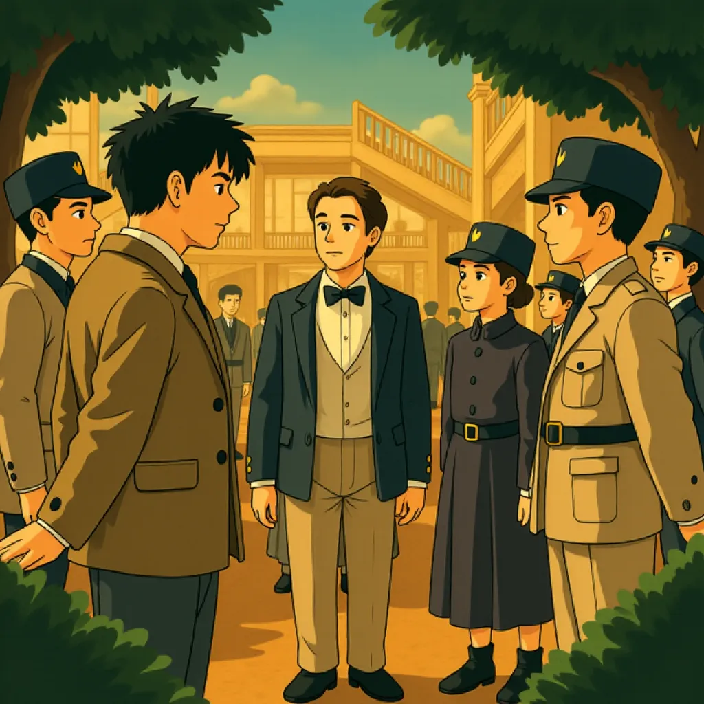 Ralph Fiennes, Edward Norton, Tony Revolori, and Golo Euler in The Grand Budapest Hotel (2014) - Anime style