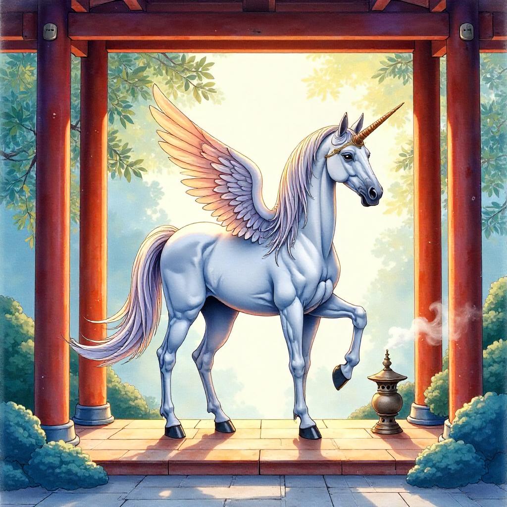 Watercolor Pegasus in a Sacred Shrine