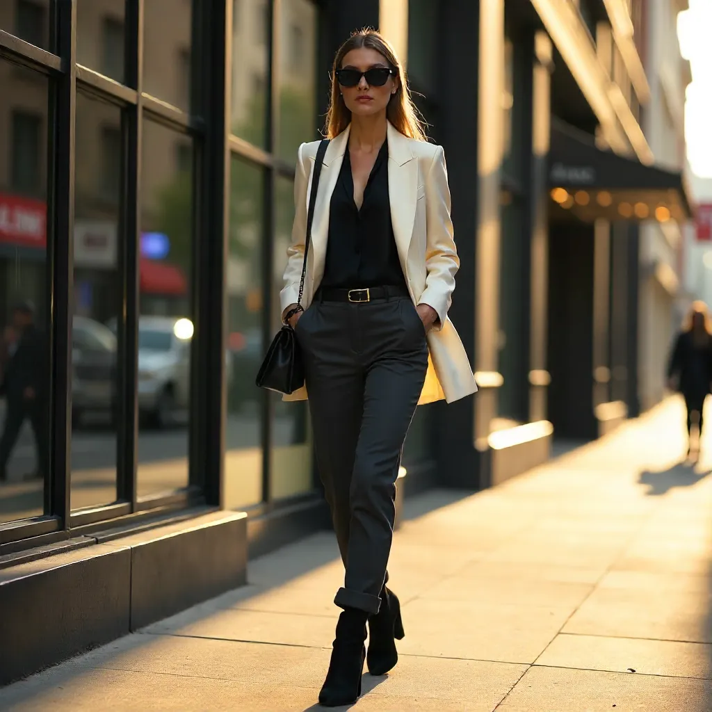 Confident Stride by a Modern Glass Building