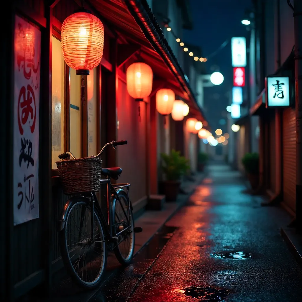 Night Lantern Alley: Bicycle Under Japanese Glow