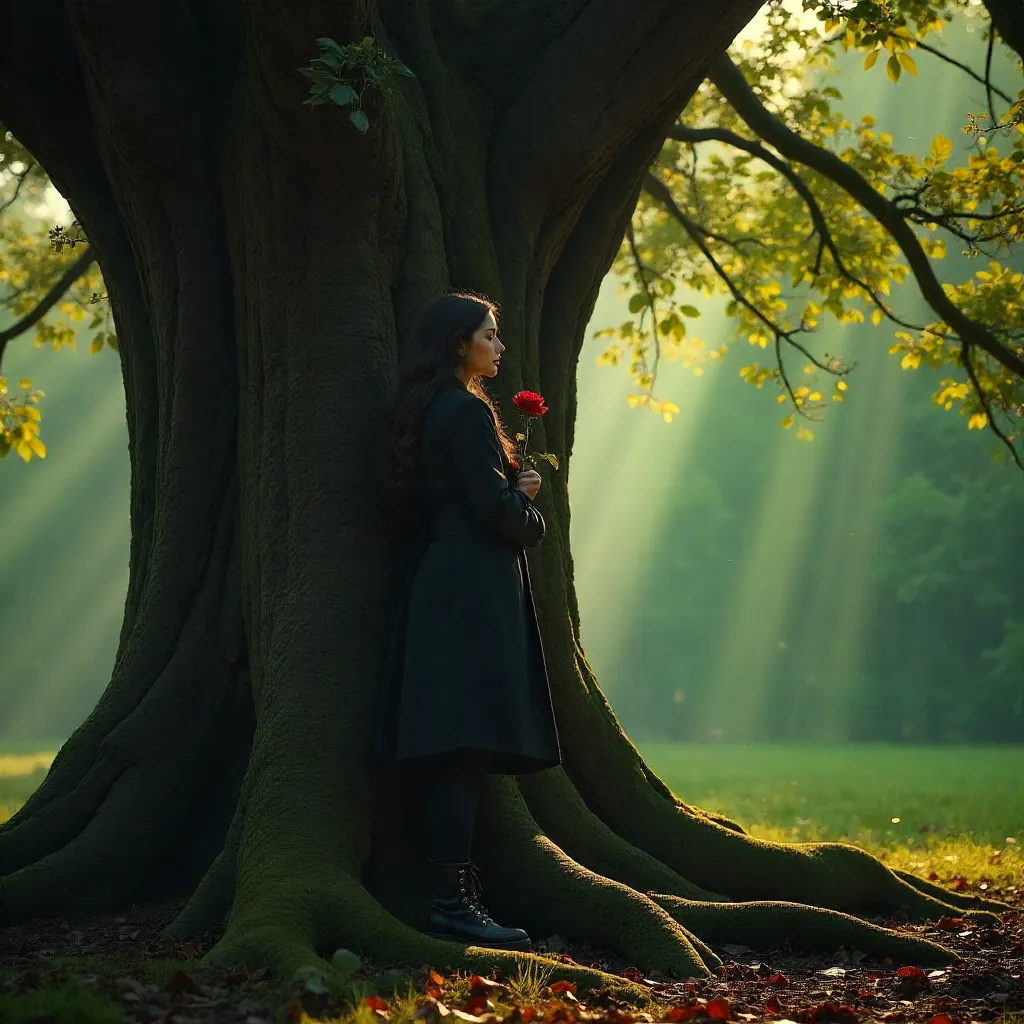 Dark Outfit, Red Rose by a Grand Tree
