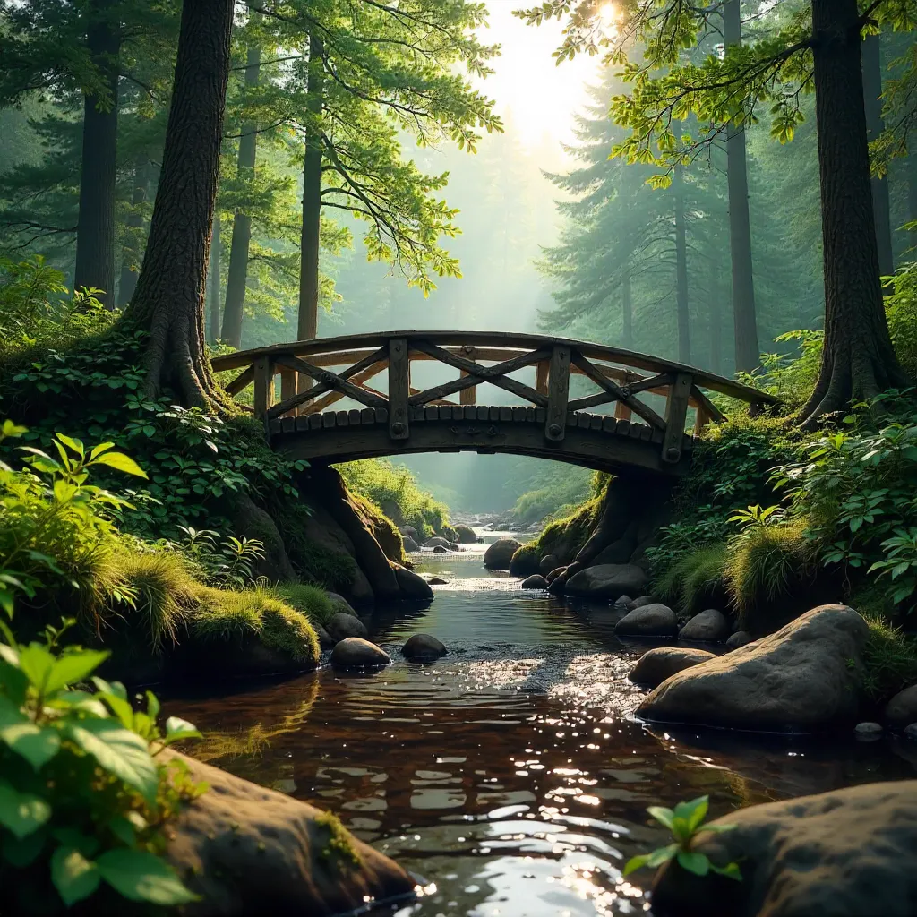 Serene Forest Bridge Over a Flowing Stream