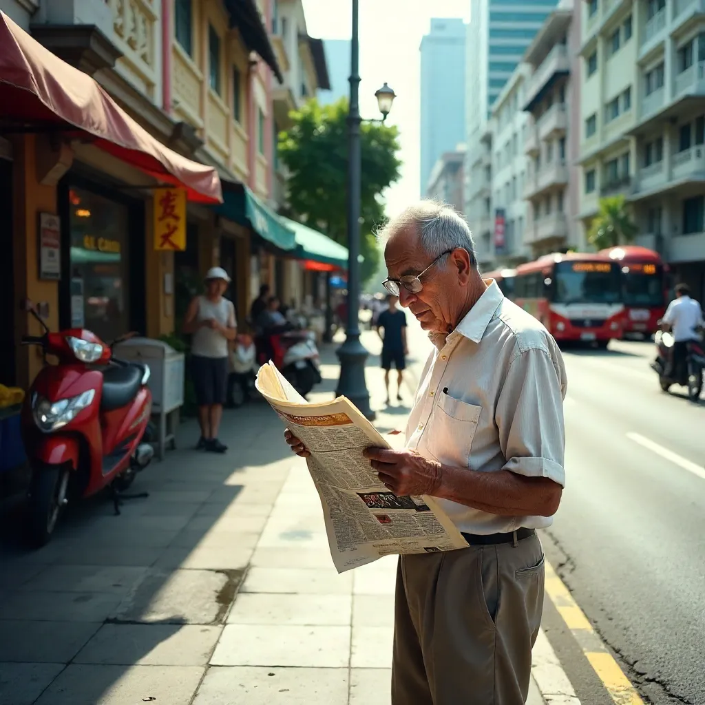 Senior man reads a newspaper on a Singapore street