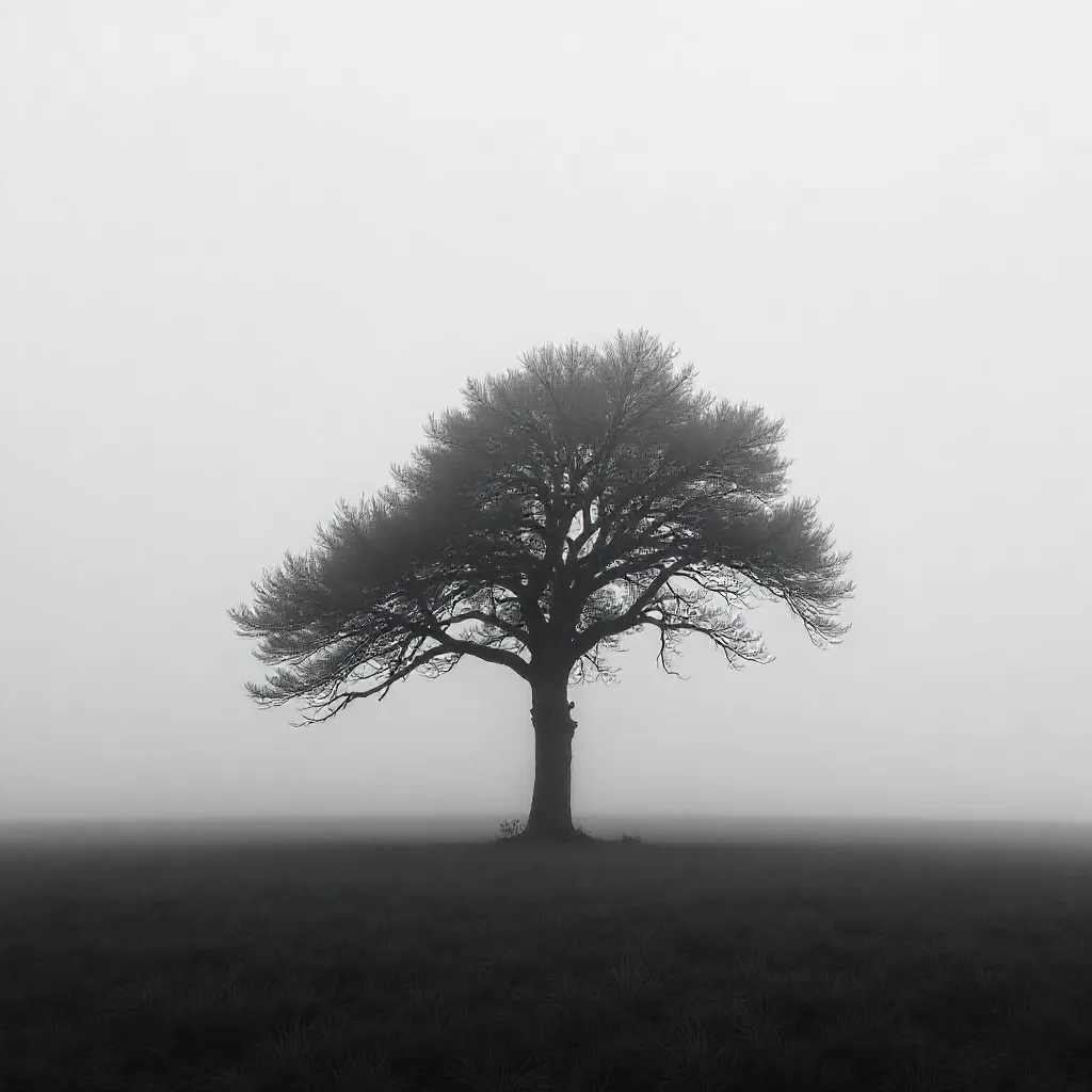 Lonely Tree in Fog: Monochrome Minimalism