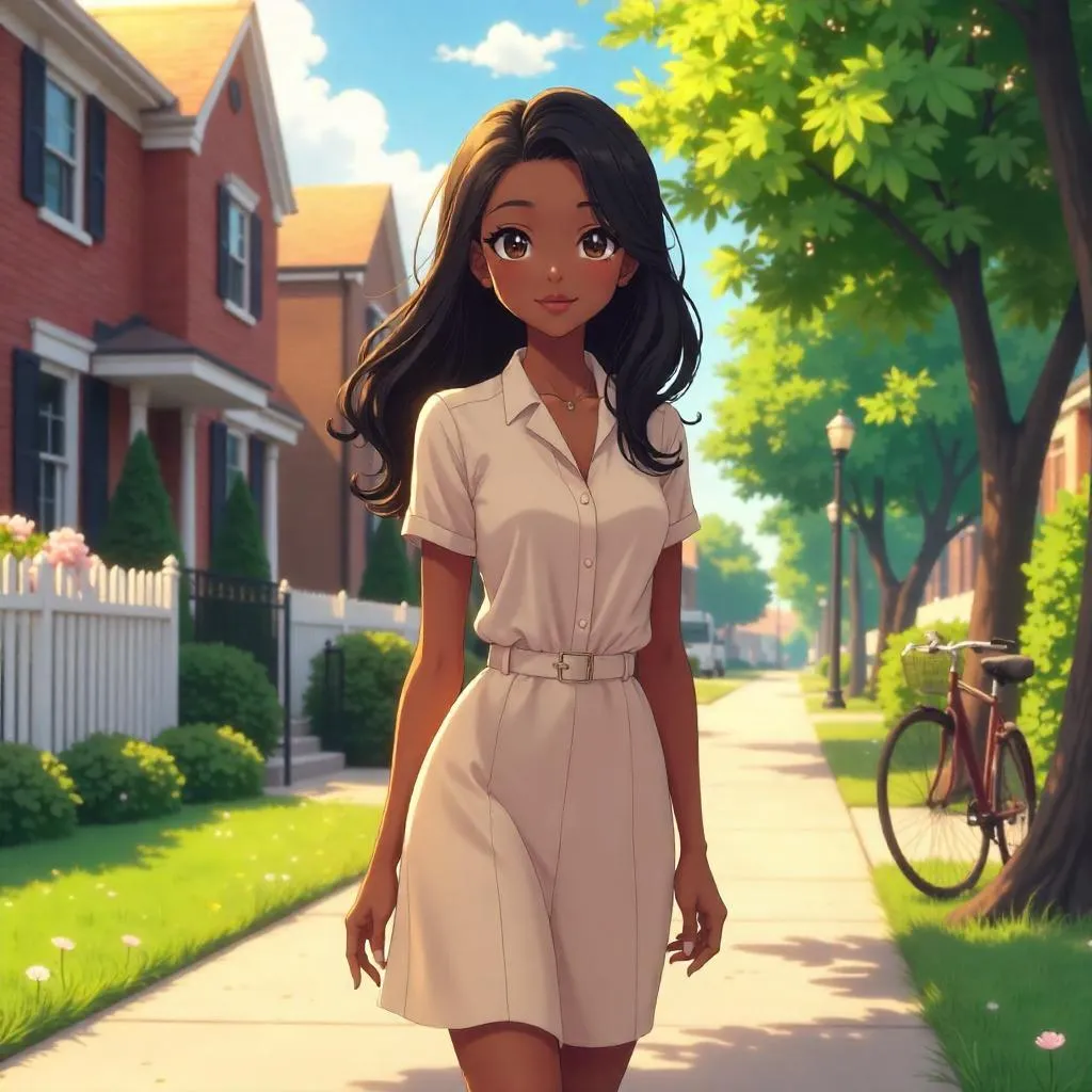 Elegant Black Girl in Suburban Anime Sunset