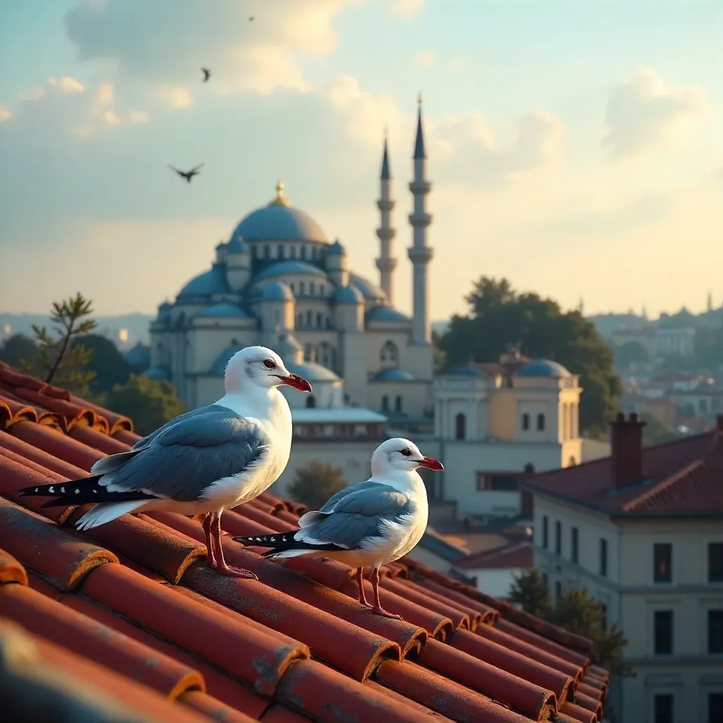 Seagulls on a Rooftop with Suleymaniye Backdrop