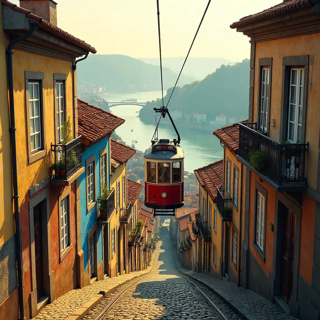 Porto Cable Car Above Historic Facades