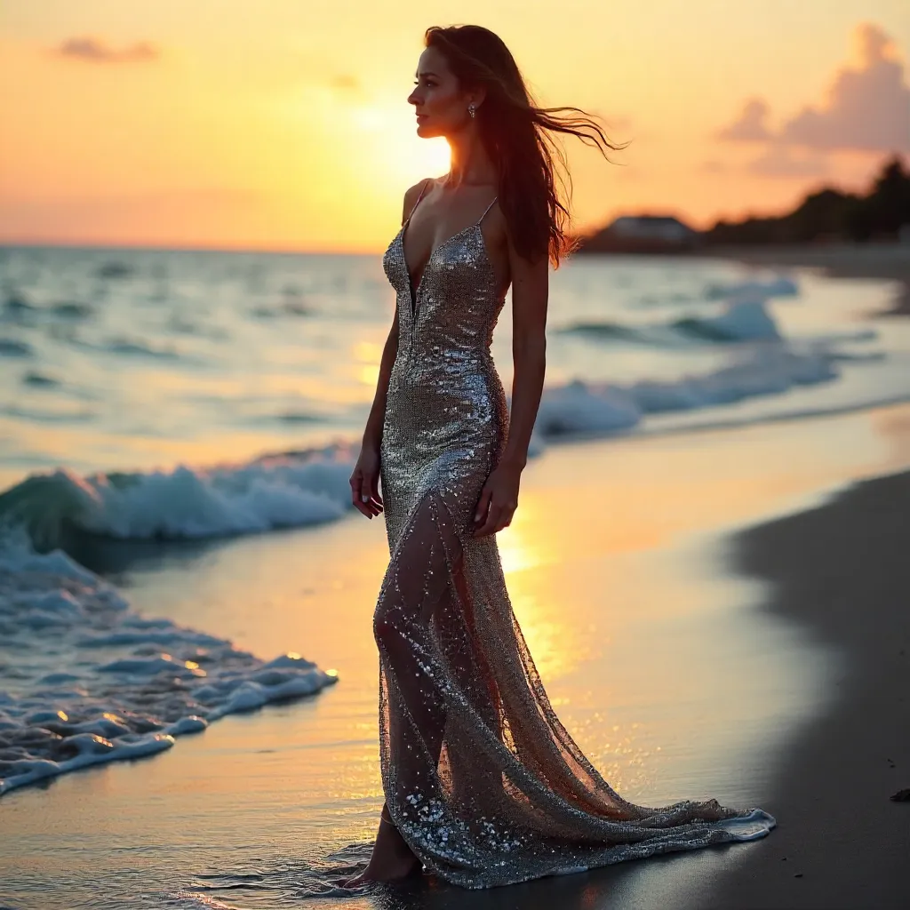 Elegant Beaded Dress by the Ocean at Golden Hour
