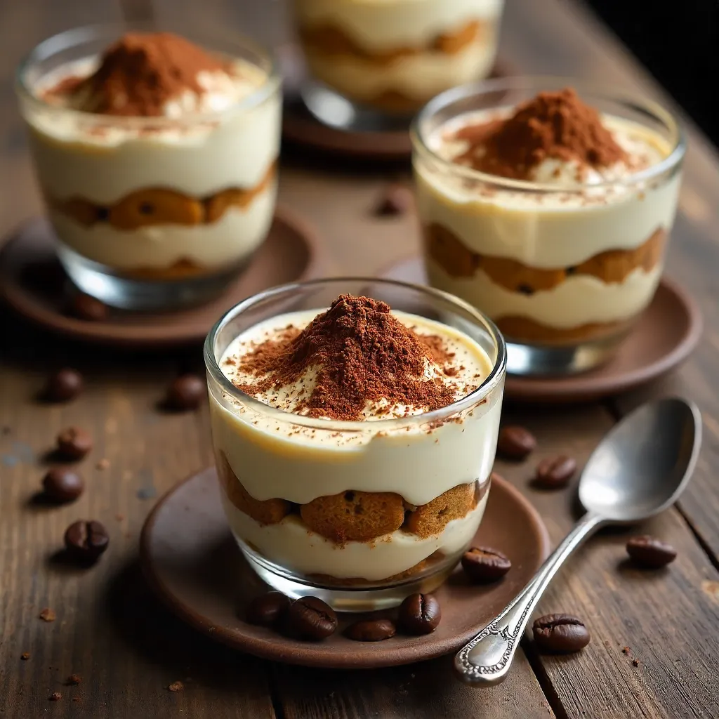 Overhead Tiramisu in Glass Bowls on Rustic Table