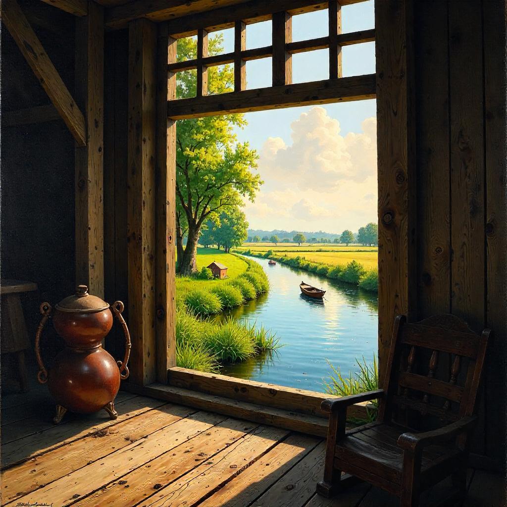 River Inside a Windmill: Oil Painting
