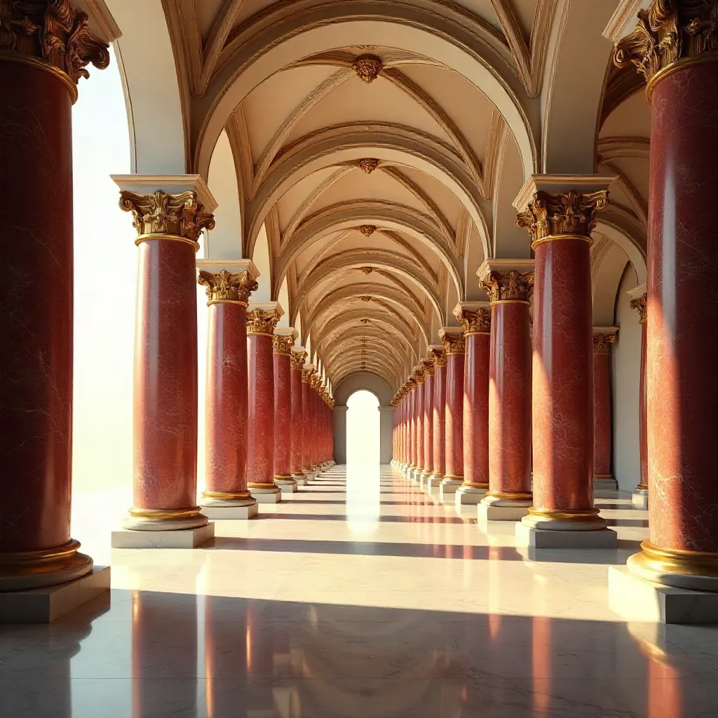 Timeless Crimson-Arched Corridor