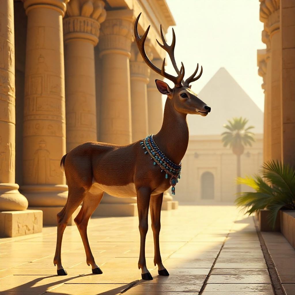 Ancient Egyptian Deer: a 3D Render in Temple Courtyard