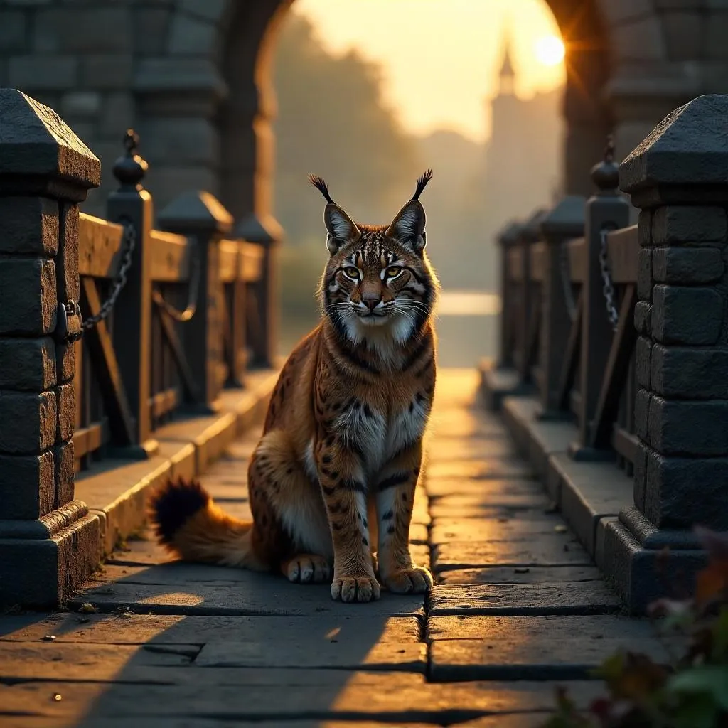 Photoreal Lynx on a Medieval Drawbridge at Sunset