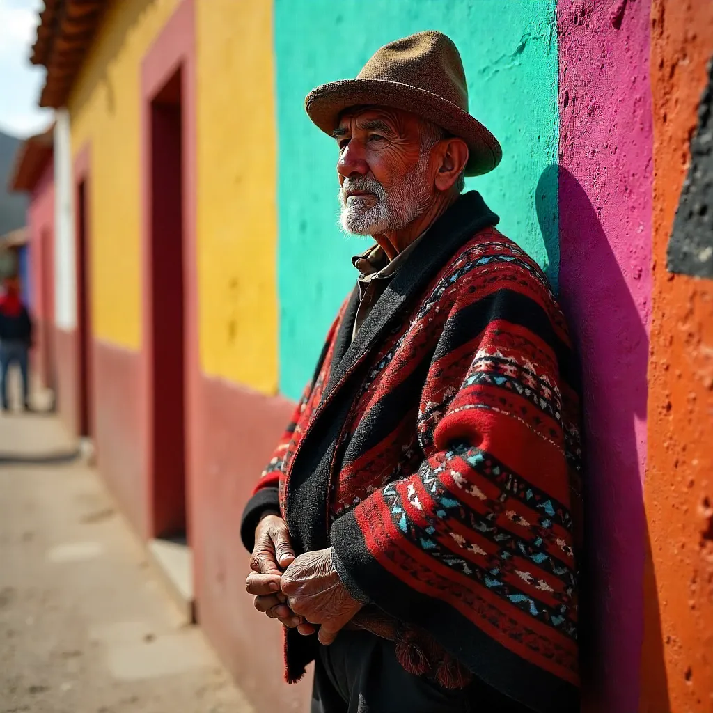 Elderly Peruvian Man in Poncho by Colorful Wall