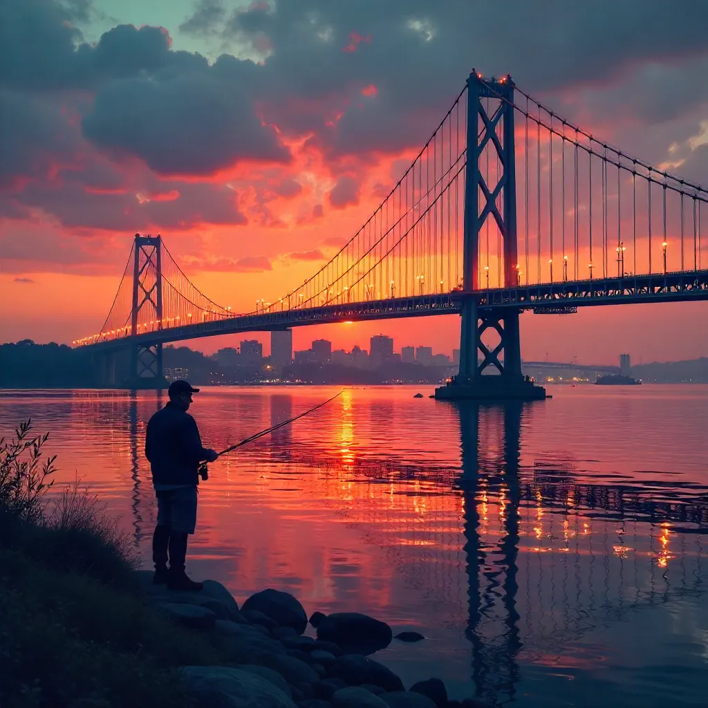 Silhouette Fisherman by Sunset Bridge