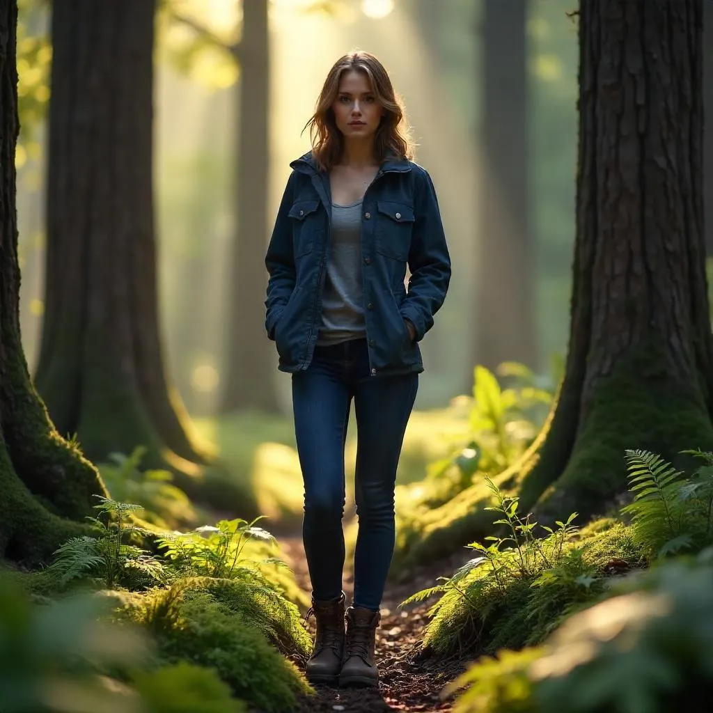 Confident White Woman in a Lush Forest — Photorealistic