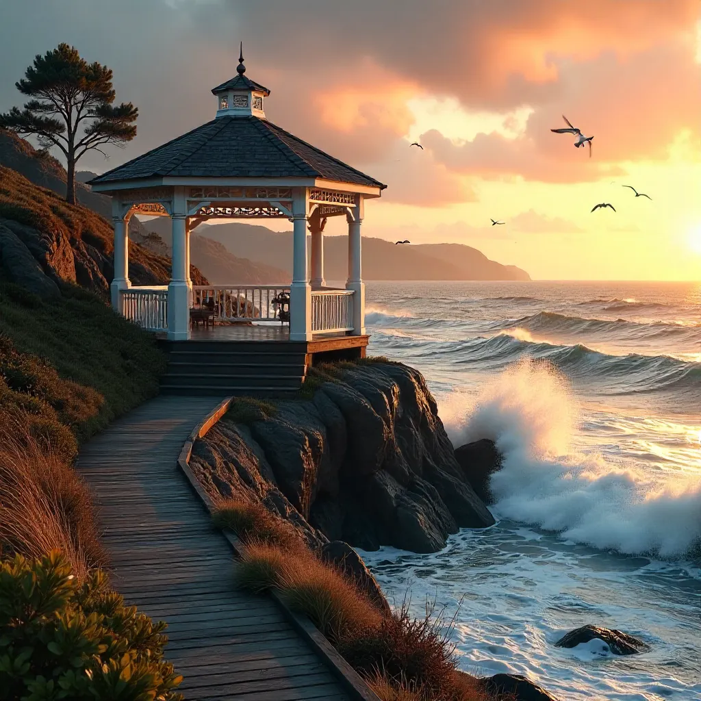 Sunset Gazebo Over the Ocean Waves