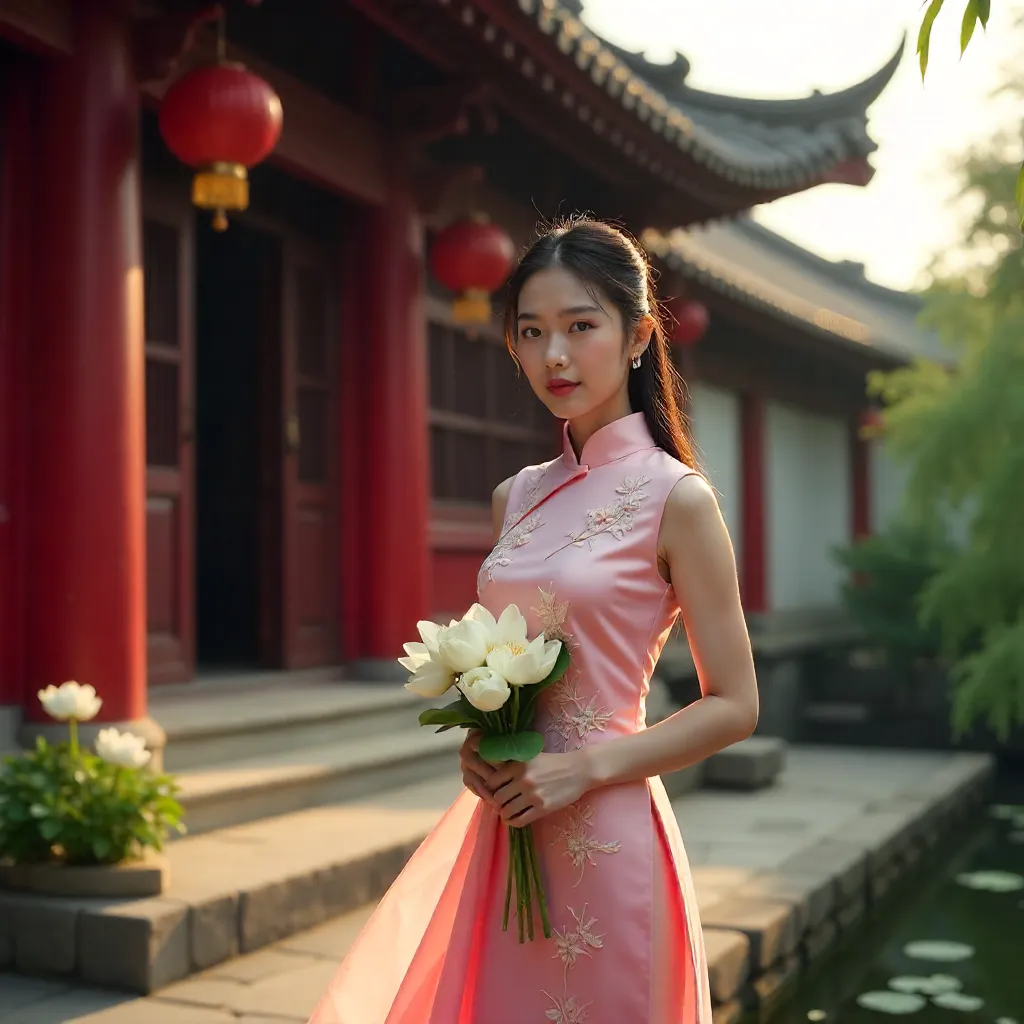 Ao Dai by the Pagoda: Woman with Flowers
