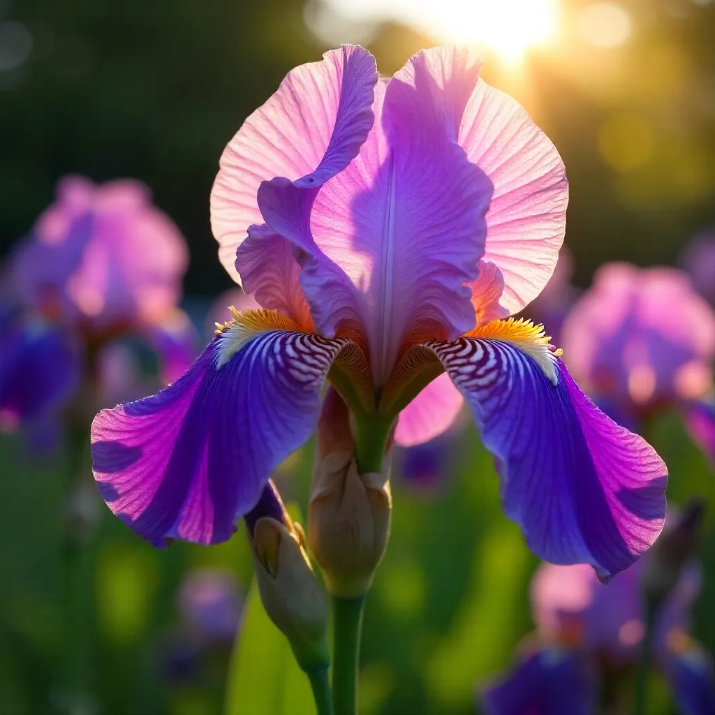 Sunlit Close-Up of Purple Irises in Bloom