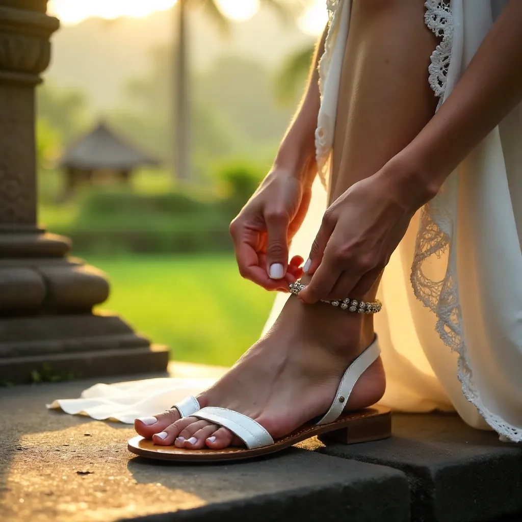 Close-Up Bride Adjusting White Sandals in Bali