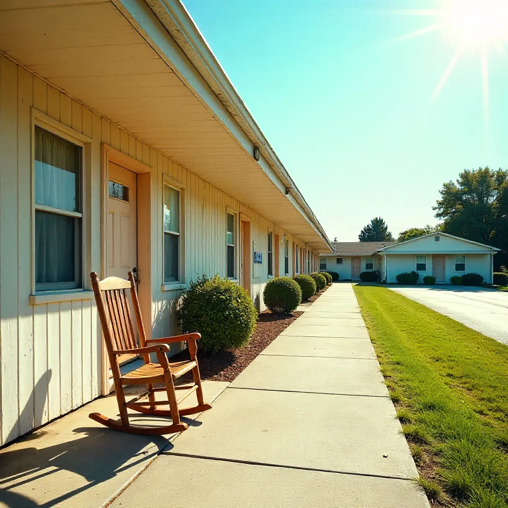 Sunny Day Motel Exterior with a Lone Rocking Chair on the Porch