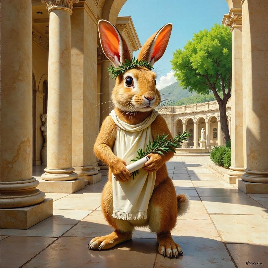 Laurel-Crowned Rabbit in Ancient Rome – Oil Painting