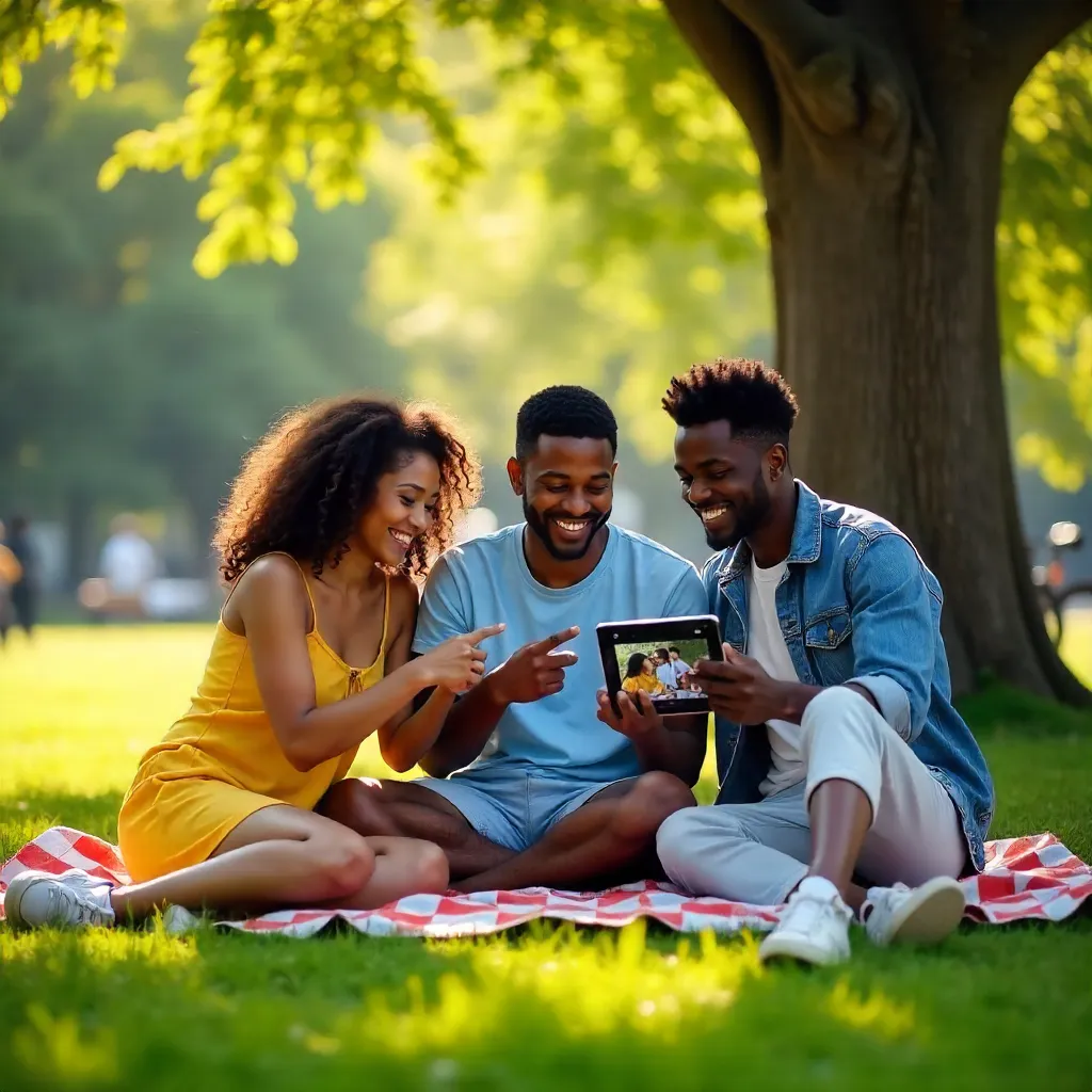 Three Diverse Friends Enjoying Social Media in a Sunny Park