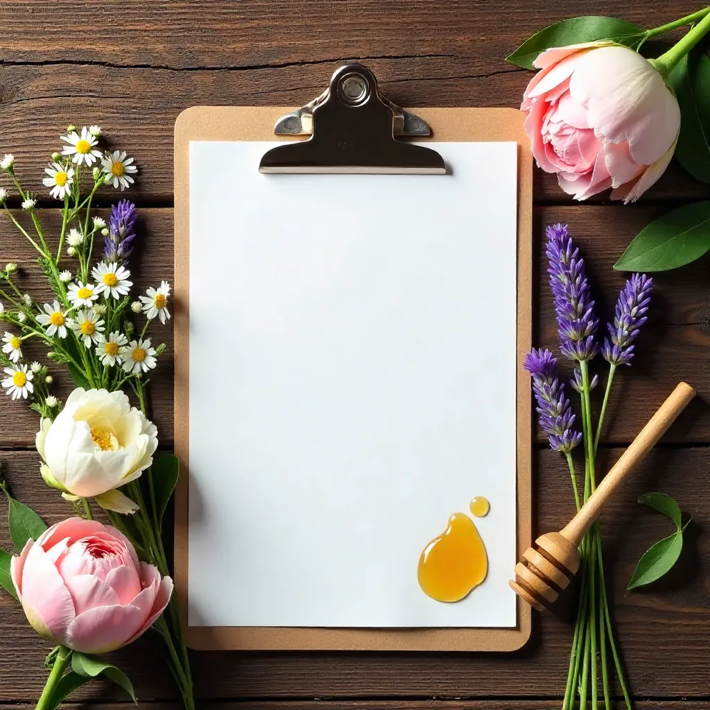 Rustic Flat Lay: Flowers, Clipboard & Honey Dipper