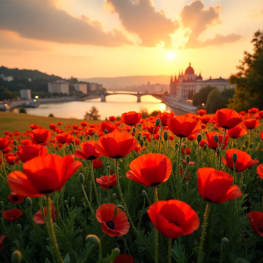 Red Poppy Field Over Budapest at Sunset