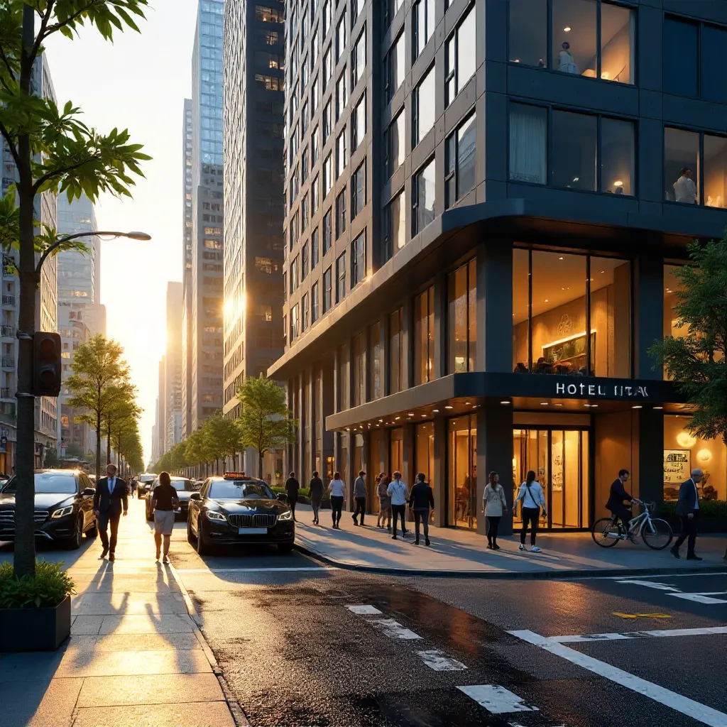 Street View of a Modern City Hotel with Vehicles & Pedestrians