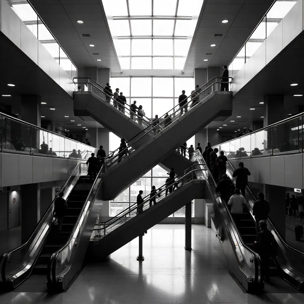 Monochrome Atrium: Intersecting Escalators