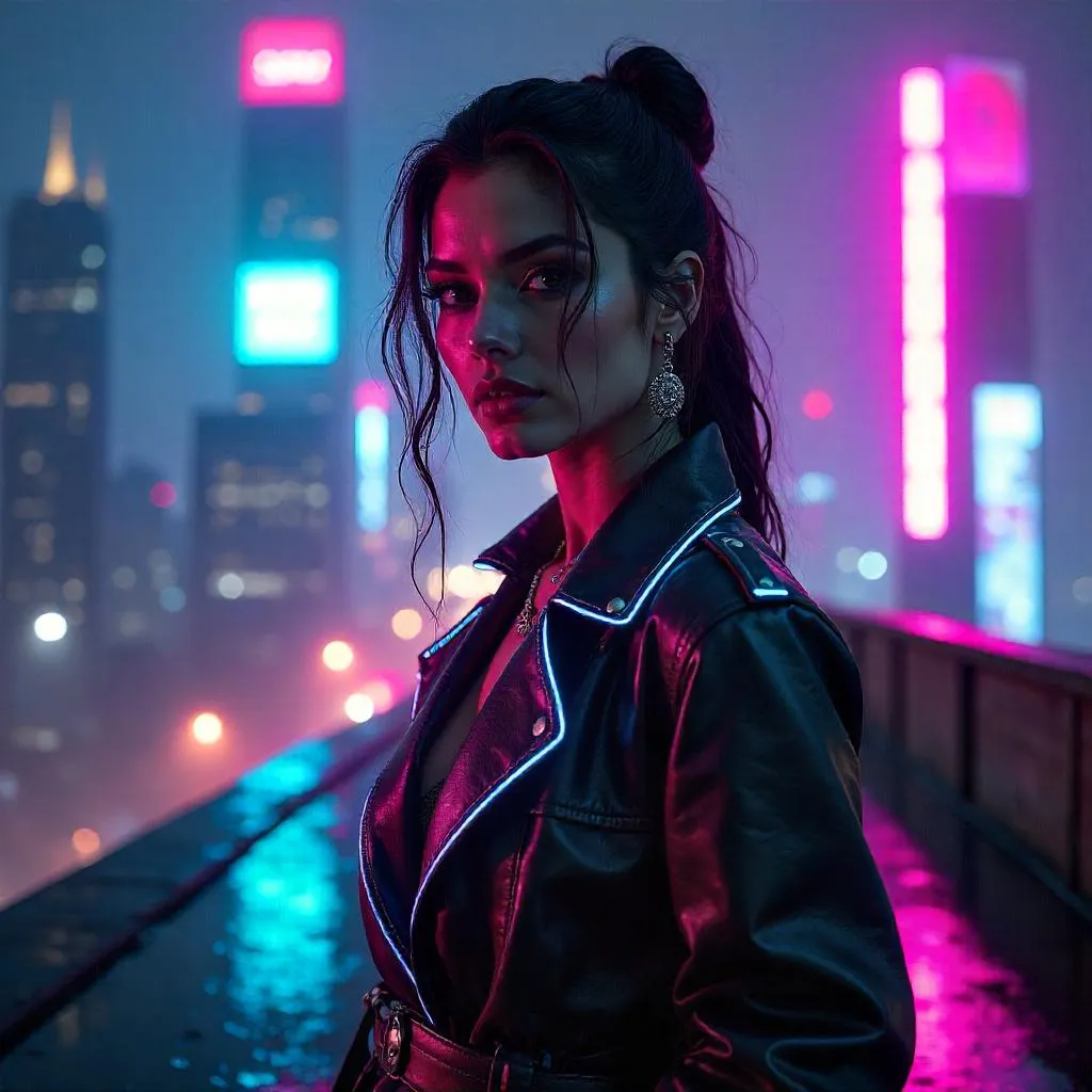 Neon Rooftop Reverie: Cyberpunk Middle Eastern Queen