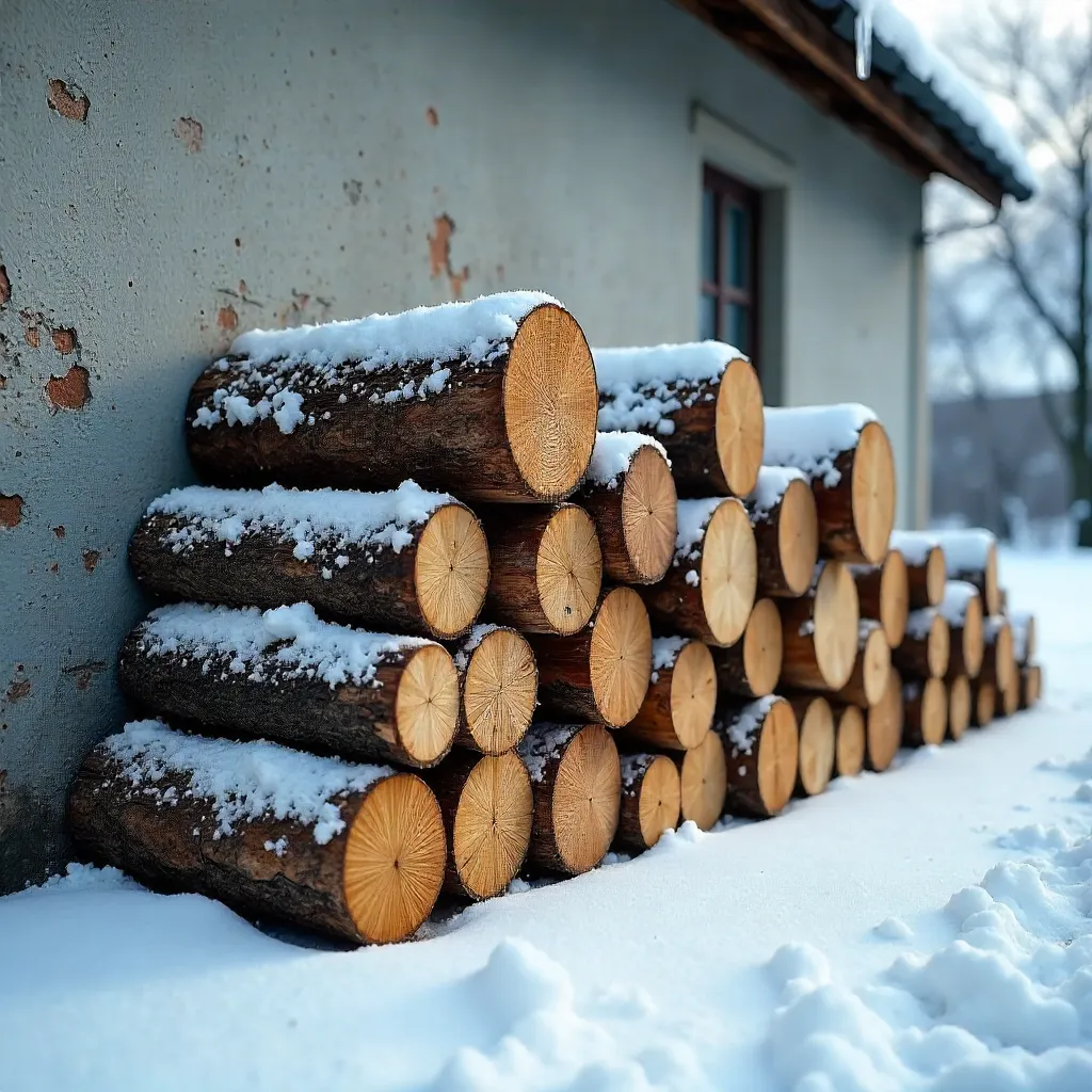Snow-Covered Firewood Stacked Against a Winter Wall