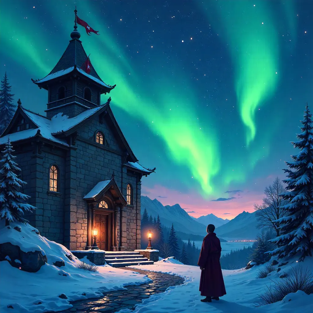 Aurora-lit Anime Monastery Night