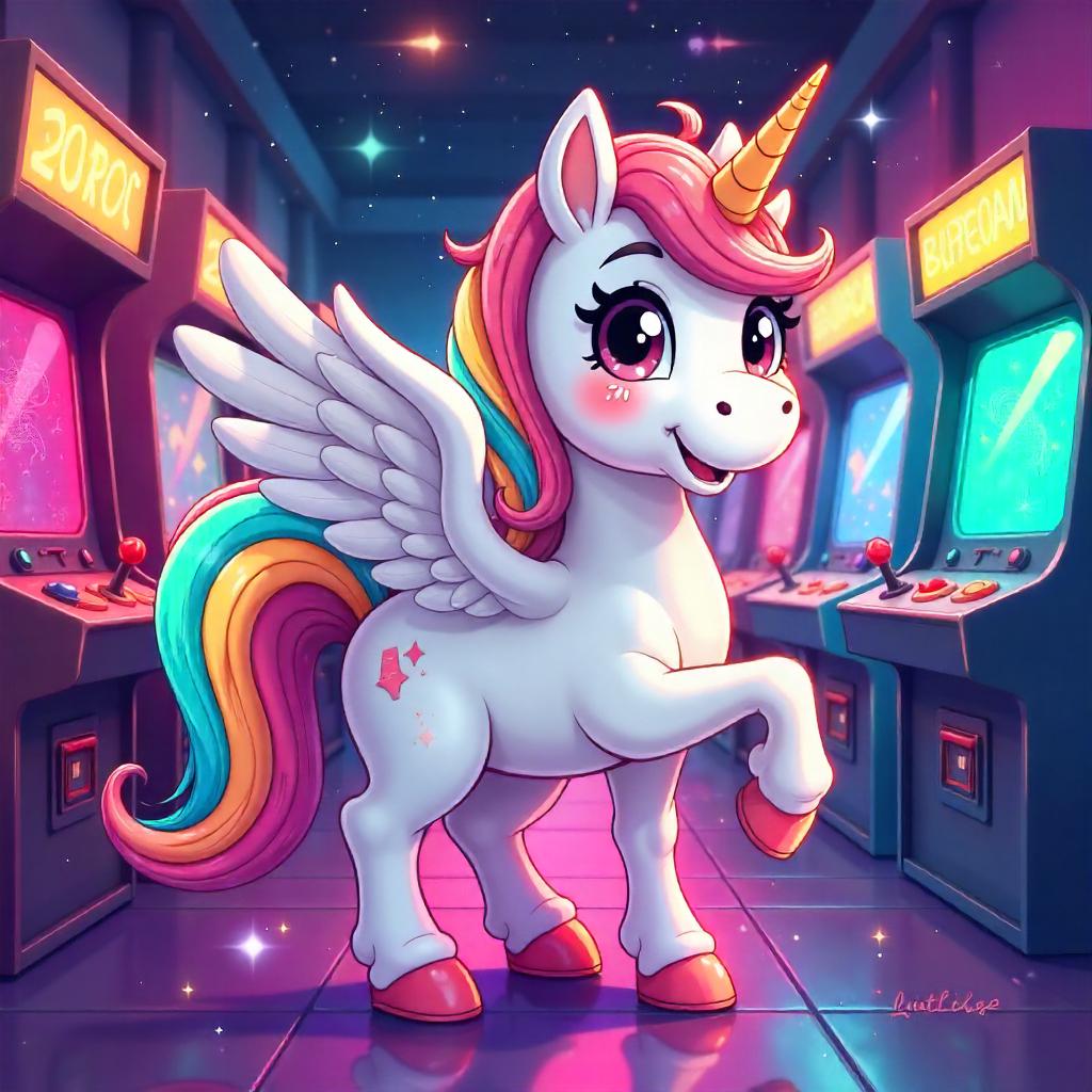 Cartoon Pegasus in Neon Arcade