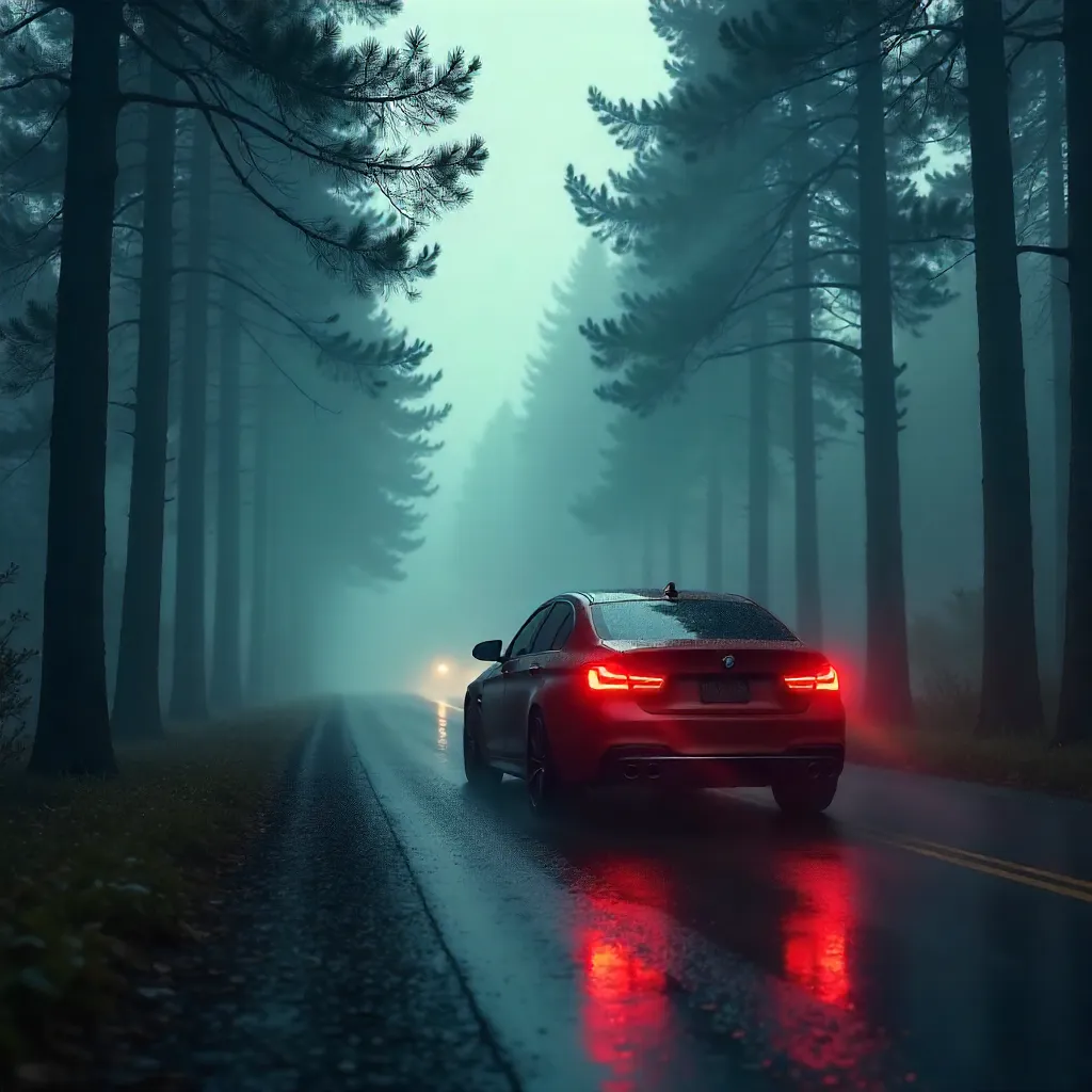 Whispers of Fog: A Car Through a Misty Forest Road