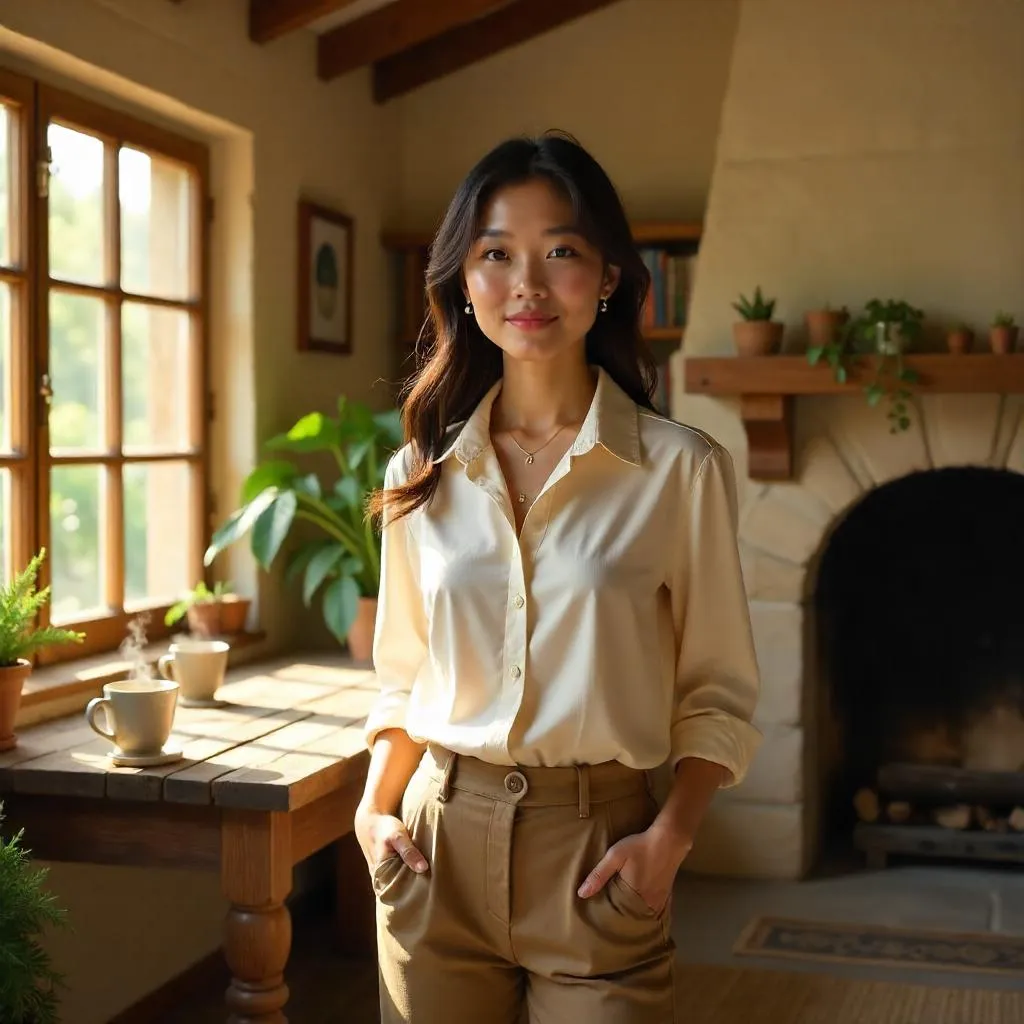 Confident Asian Woman in a Rustic Cottage
