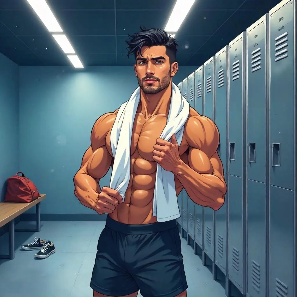 Handsome Indian Man in Locker Room Anime Style