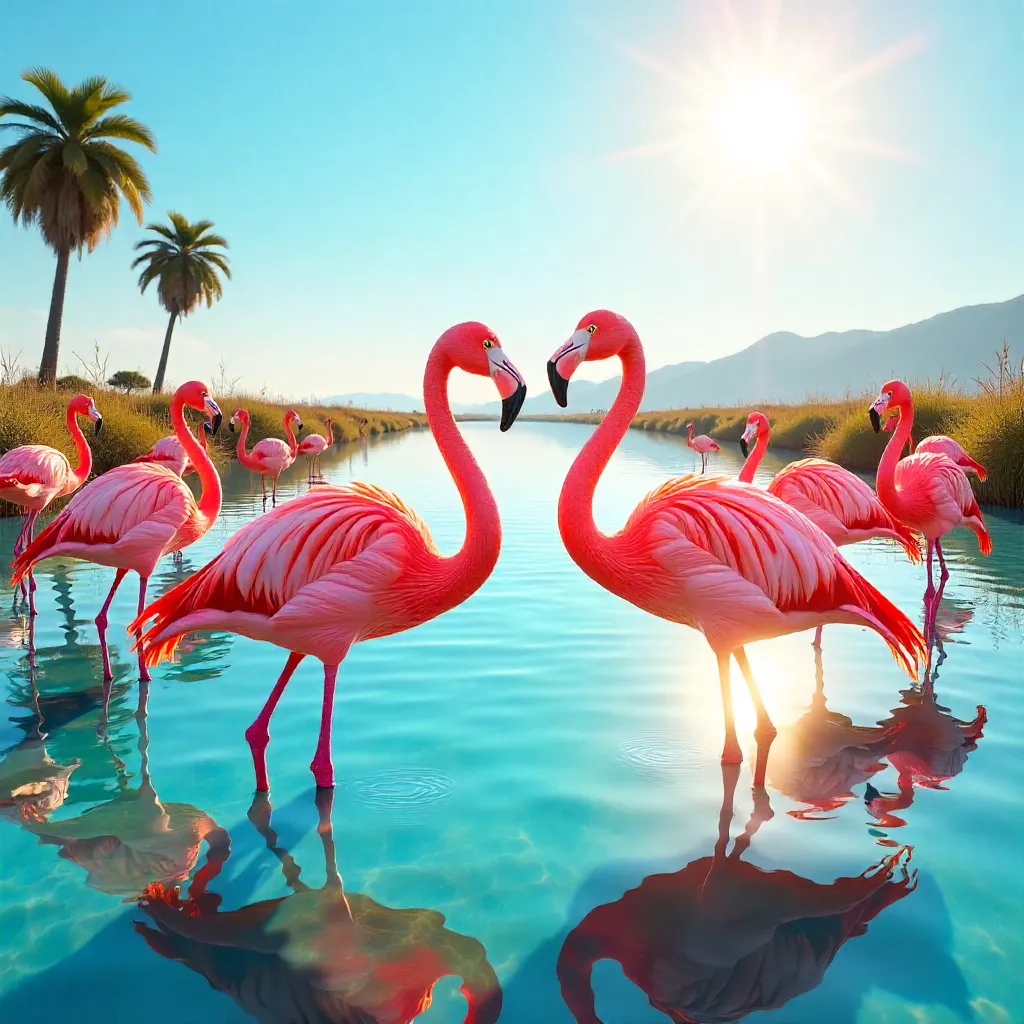 Bright Sunlit Flamingos in Vibrant Pink Plumage