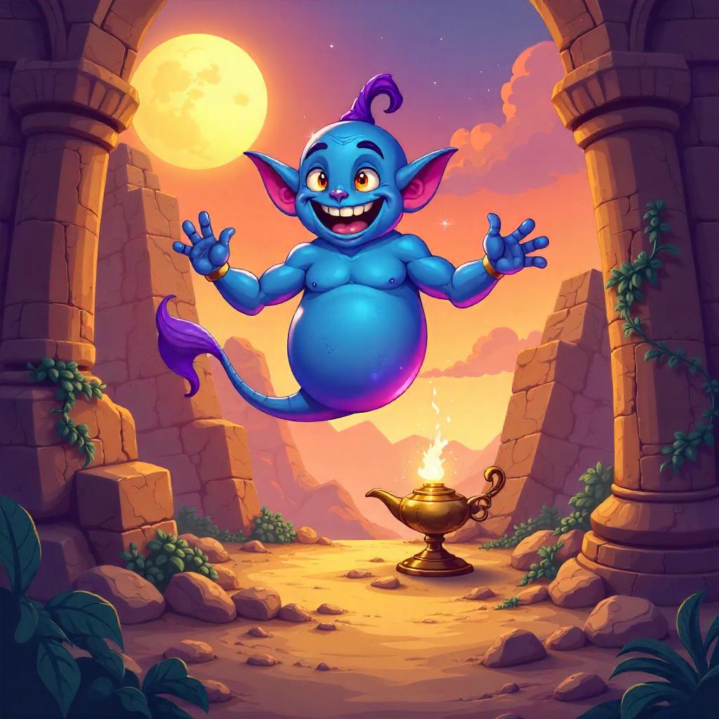 Cartoon Djinn in a Crumbling Temple Ruin