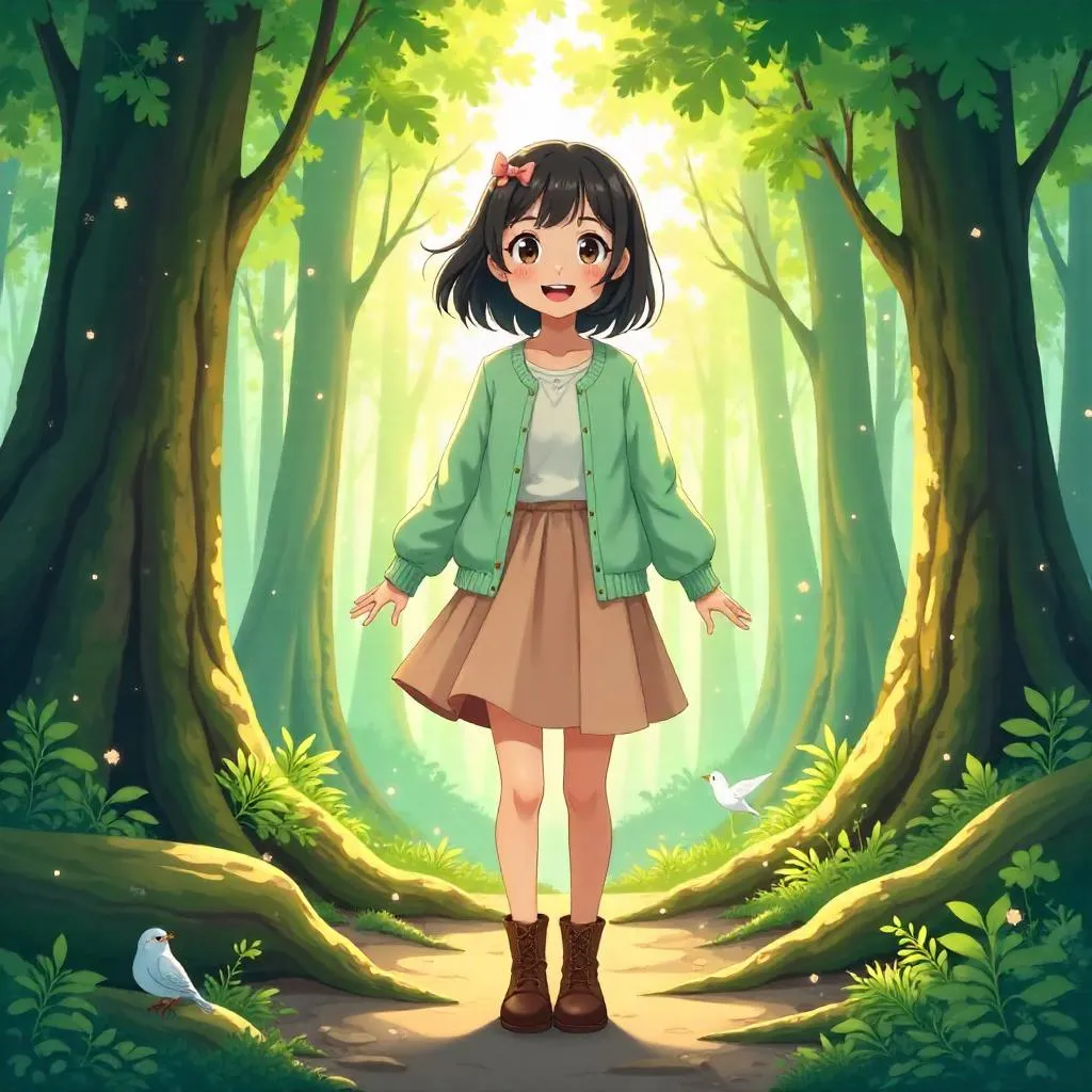 Cheerful Asian Girl in a Sunlit Forest (Anime)