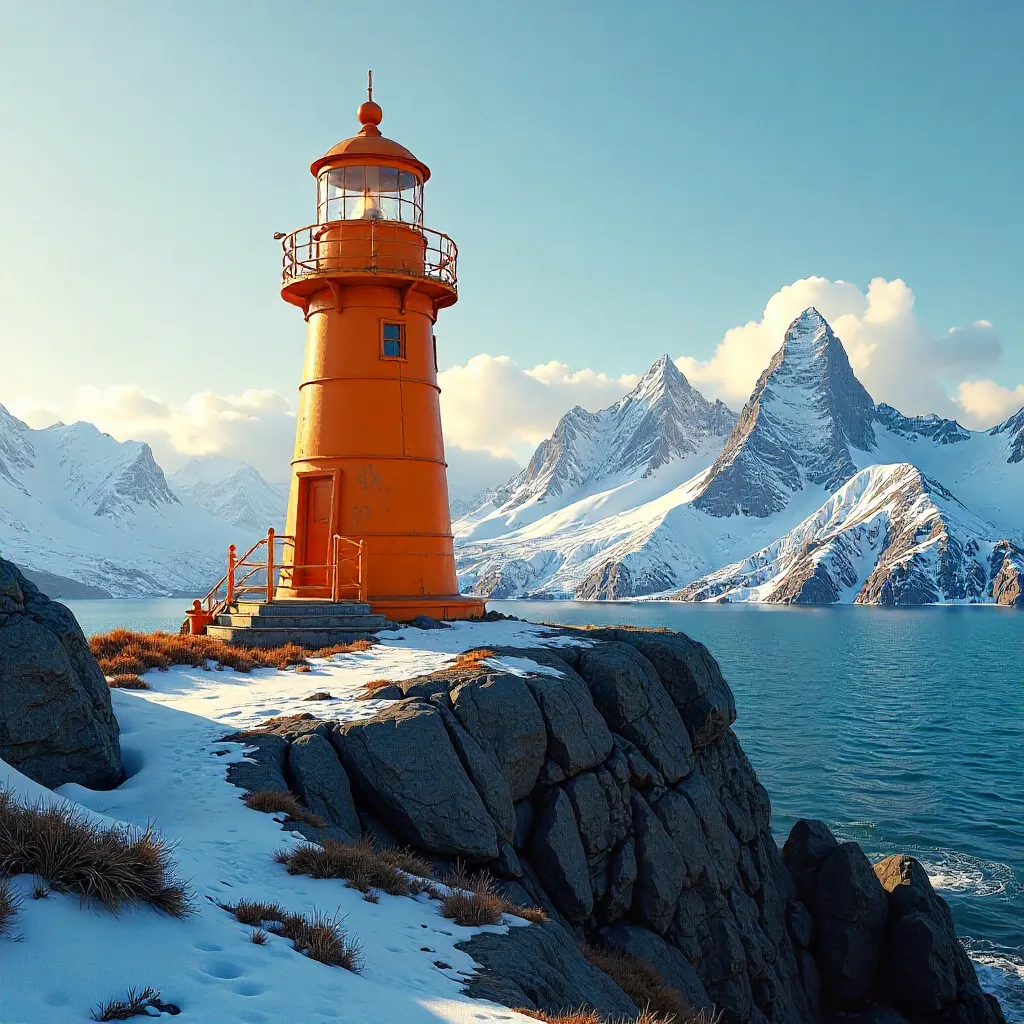 Orange Lighthouse Amid Snowy Mountain Peaks