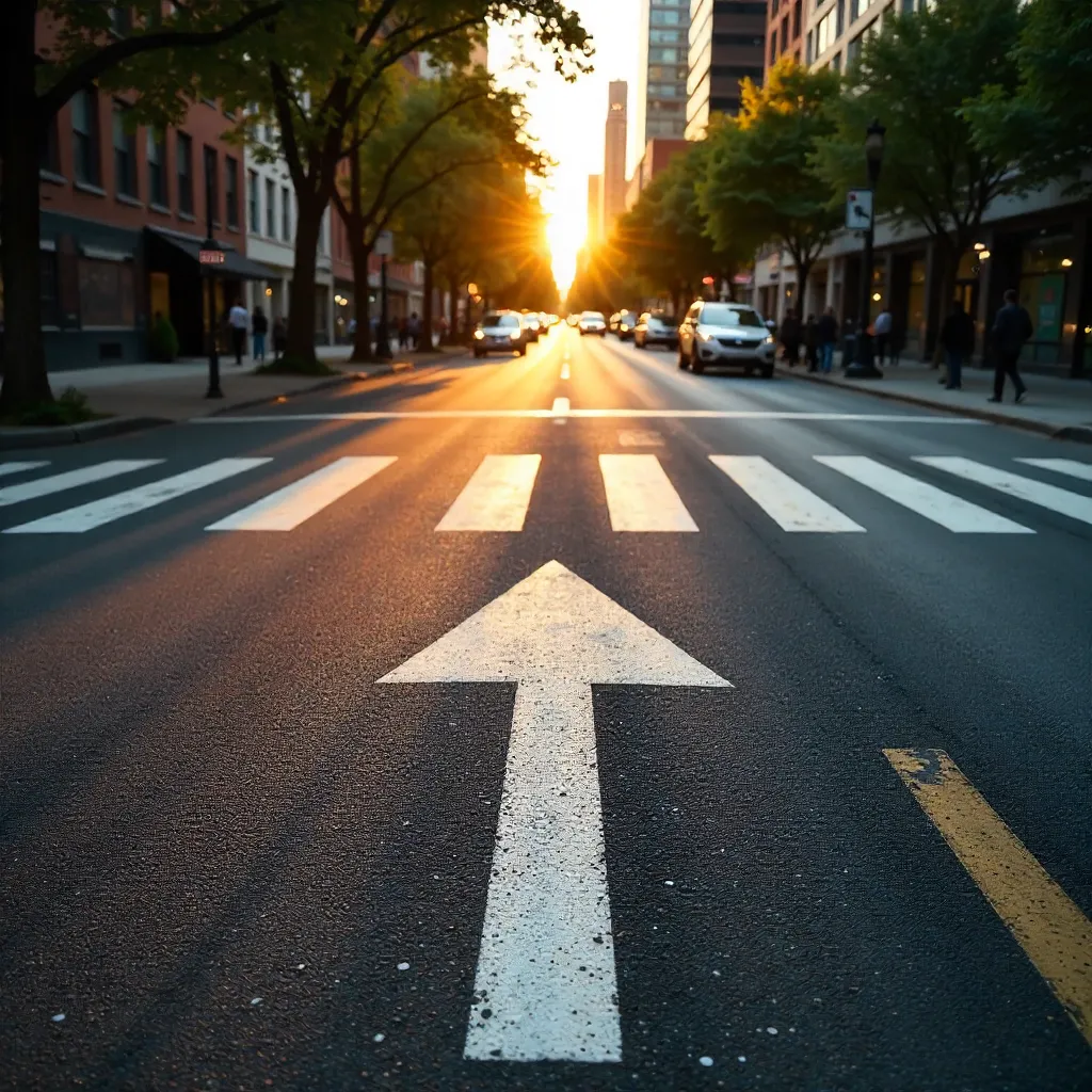 Crosswalk Arrow Shaped by Tree Shadows in the City