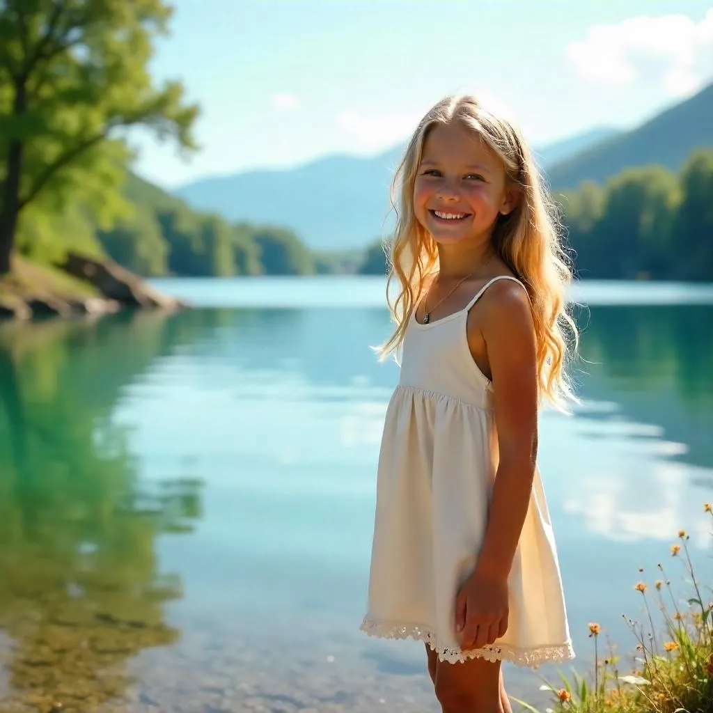 Cheerful Caucasian Girl by a Serene Lake