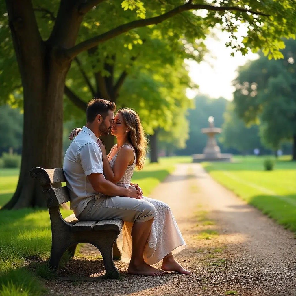 Embrace on a Park Bench in a French Garden