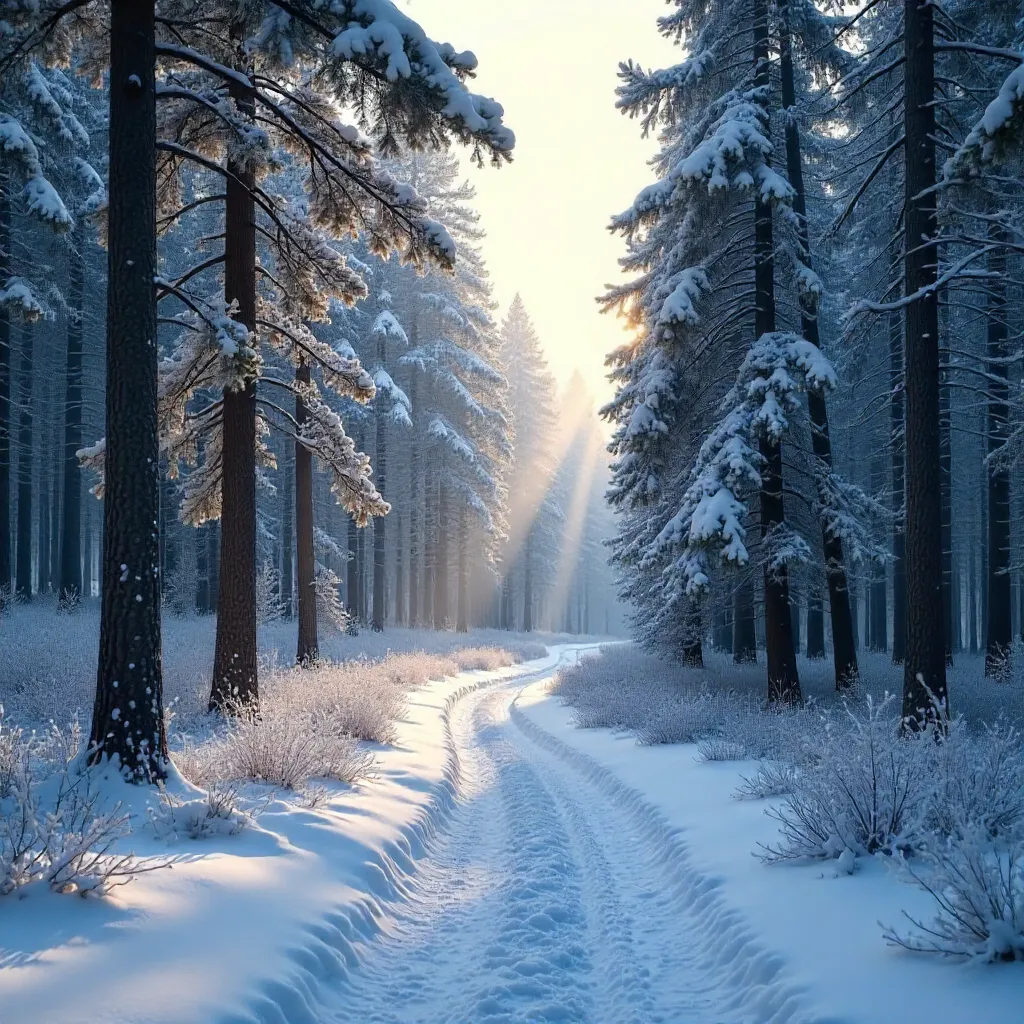 Snow-Dusted Path Through Tranquil Winter Forest