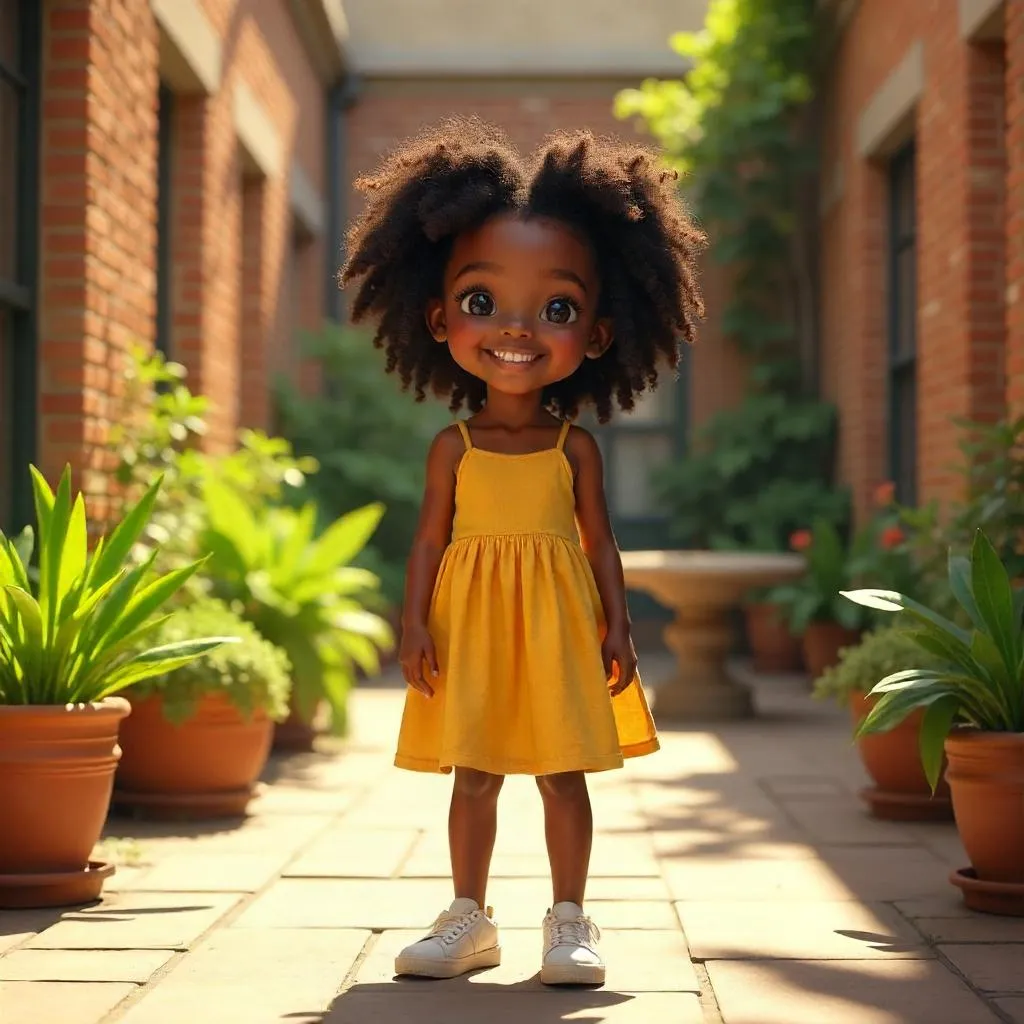 Cheerful Black Girl in a Sunny Courtyard